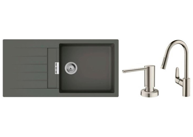 Кухонный комплект мойка со смесителем + дозатор Hansgrohe S520-F480 + Смеситель Hansgrohe Focus M41, серый камень-сталь 43358400