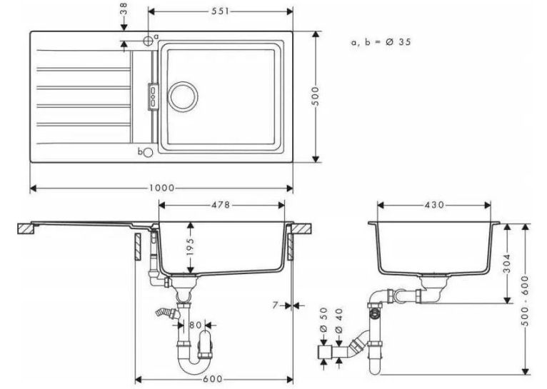 Кухонный комплект мойка со смесителем Hansgrohe  S520-F345 + Смеситель Hansgrohe Focus M41, серый камень-сталь 43358800