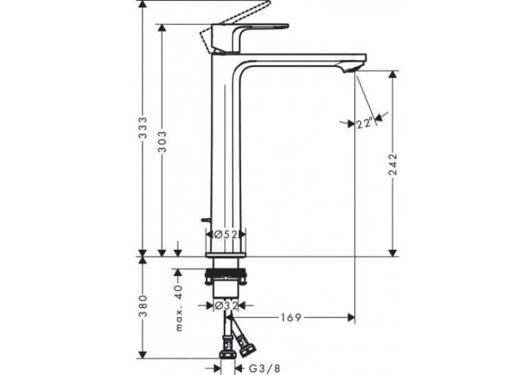Змішувач Hansgrohe Rebris S 240 CoolStart для умивальника з донним клапаном pop-up Matt Black 72580670