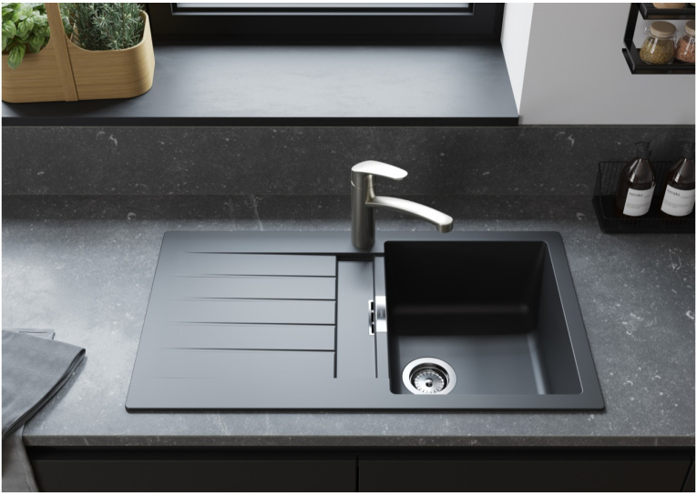 Кухонная мойка Hansgrohe S52, гранит, прямоугольник, с крылом, 840х480х190мм, чаша – 2, накладная, S520-F345, черный графит