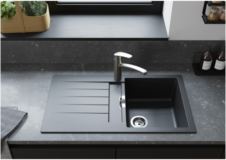 Кухонна мийка Hansgrohe S52, граніт, прямокутник, з крилом, 840х480х190мм, чаша - 2, накладна, S520-F345, чорний графіт
