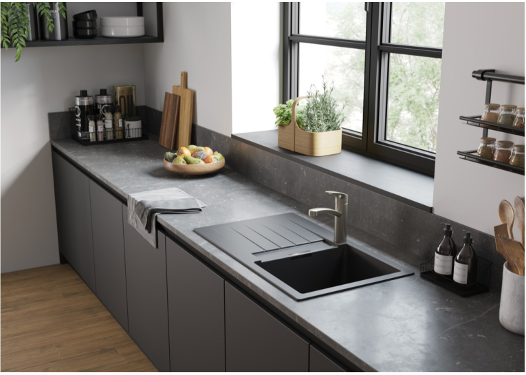 Кухонная мойка Hansgrohe S52, гранит, прямоугольник, с крылом, 840х480х190мм, чаша – 2, накладная, S520-F345, черный графит