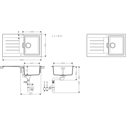 Кухонная мойка Hansgrohe S52, гранит, прямоугольник, с крылом, 840х480х190мм, чаша – 2, накладная, S520-F345, черный графит
