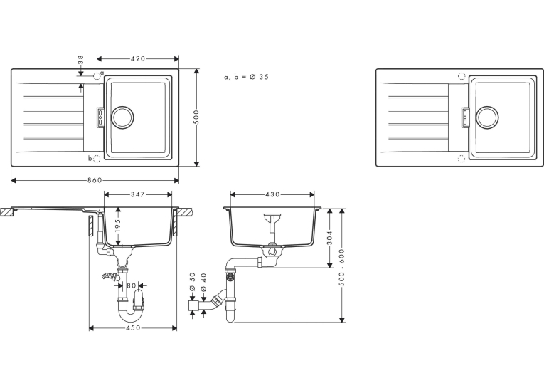 Кухонная мойка Hansgrohe S52, гранит, прямоугольник, с крылом, 840х480х190мм, чаша – 2, накладная, S520-F345, черный графит