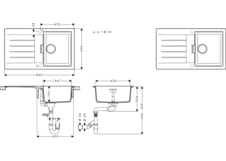 Кухонна мийка Hansgrohe S52, граніт, прямокутник, з крилом, 840х480х190мм, чаша - 2, накладна, S520-F345, чорний графіт