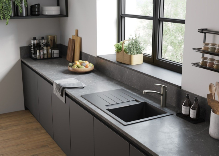 Кухонна мийка Hansgrohe S52, граніт, прямокутник, з крилом, 840х480х190мм, чаша - 1, врізна, сірий камінь