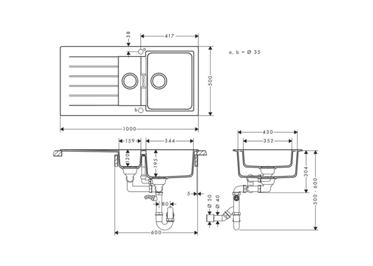 Кухонна мийка Hansgrohe S52, граніт, прямокутник, з крилом, 980х480х190мм, чаша - 1.5, врізна, сірий камінь