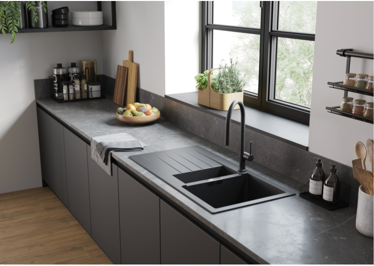 Кухонна мийка Hansgrohe S52, граніт, прямокутник, з крилом, 980х480х190мм, чаша - 1.5, врізна, сірий камінь