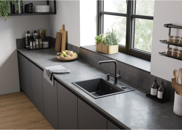 Кухонна мийка Hansgrohe S52, граніт, прямокутник, без крила, 550х490х190мм, чаша - 1, врізна, S520-F510, чорний графіт, 43359170