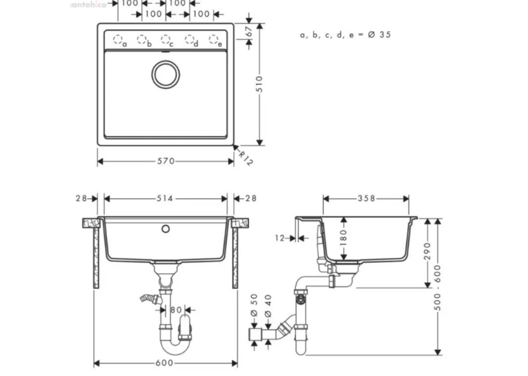 Кухонна мийка Hansgrohe S52, граніт, прямокутник, без крила, 550х490х190мм, чаша - 1, врізна, S520-F510, сірий камінь