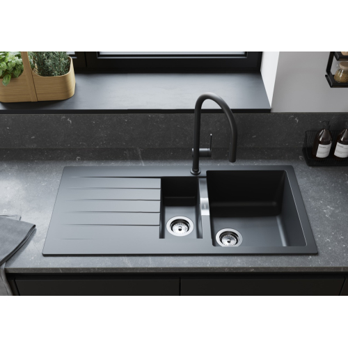 Кухонная мойка Hansgrohe S52, гранит, прямоугольник, с крылом, 980х480х190мм, чаша – 1.5, накладная, черный графит, S520-F530