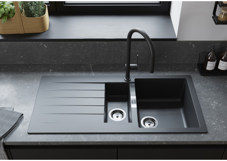 Кухонная мойка Hansgrohe S52, гранит, прямоугольник, с крылом, 980х480х190мм, чаша – 1.5, накладная, черный графит, S520-F530