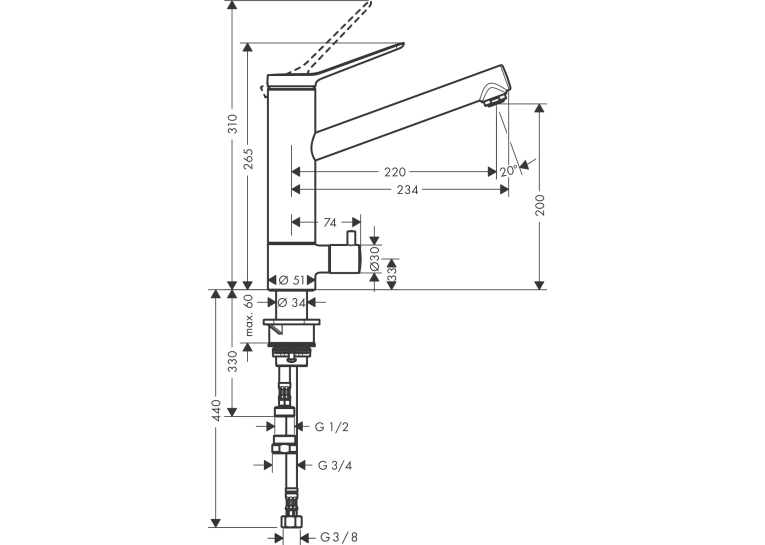 Змішувач кухонний  Hansgrohe Zesis  M33 200 1jet  з запірним клапаном CoolStart Chrome 74807000