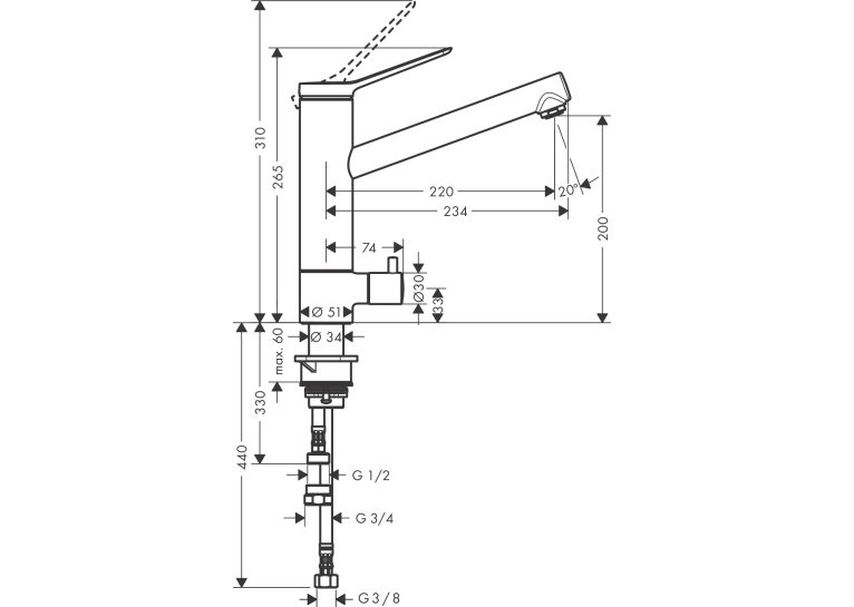 Смеситель кухонный Hansgrohe Zesis  M33 200 1jet CoolStart Chrome 74807000