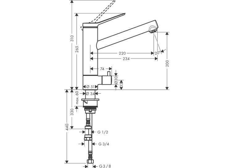 Змішувач кухонний  Hansgrohe Zesis  M33 200 1jet  з запірним клапаном Chrome 74808000