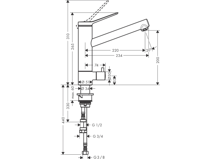 Змішувач кухонний  Hansgrohe Zesis  M33 200 1jet  з запірним клапаном Chrome 74808000