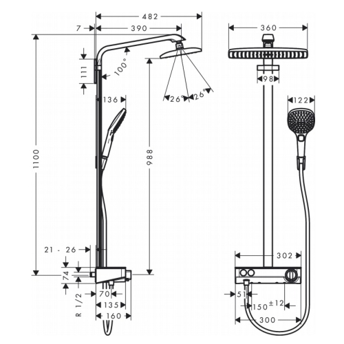 Душевая система Hansgrohe Raindance Select E 360 Showerpipe, 27288400