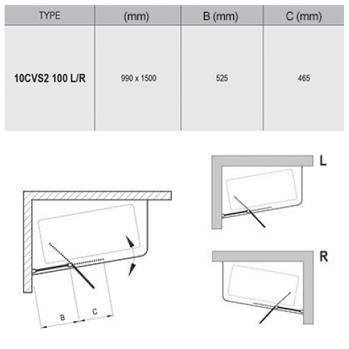 Штора для ванны Ravak 10CVS2-100 L white+Transparent  990 x 1500, 7QLA0103Z1
