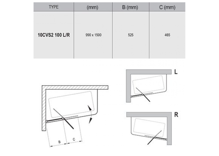  Штори для ванни Ravak 10CVS2-100 L white+Transparent 990 x 1500, 7QLA0103Z1