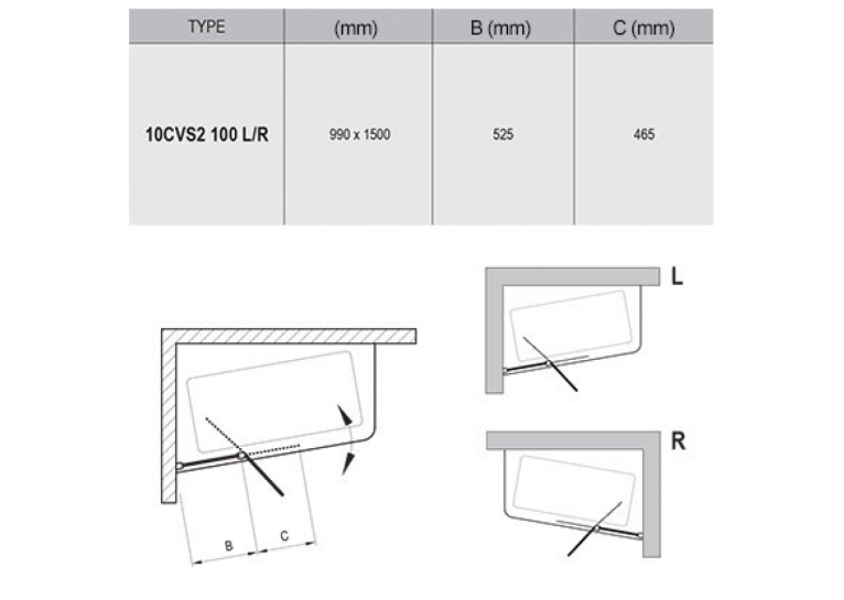  Штори для ванни Ravak 10CVS2-100 L white+Transparent 990 x 1500, 7QLA0103Z1
