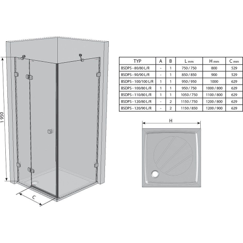 Душова штора Ravak BRILLIANT BSDPS - 120x90 R Transparent, хром, безпечне скло, 0UPG7A00Z1