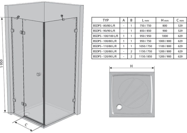 Душова кабіна Ravak BRILLIANT BSDPS - 110x80 R/L Transparent, хром, безпечне скло, 0ULD4A00Z1+0UPD4A00Z1
