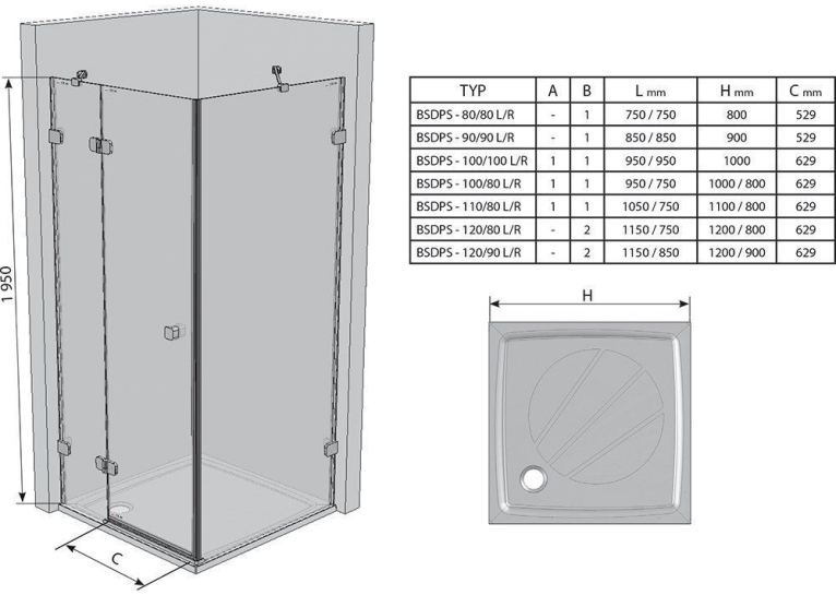 Душова кабіна Ravak BRILLIANT BSDPS - 100x80 R / L Transparent, безпечне скло,  0ULA4A00Z1+0UPA4A00Z1