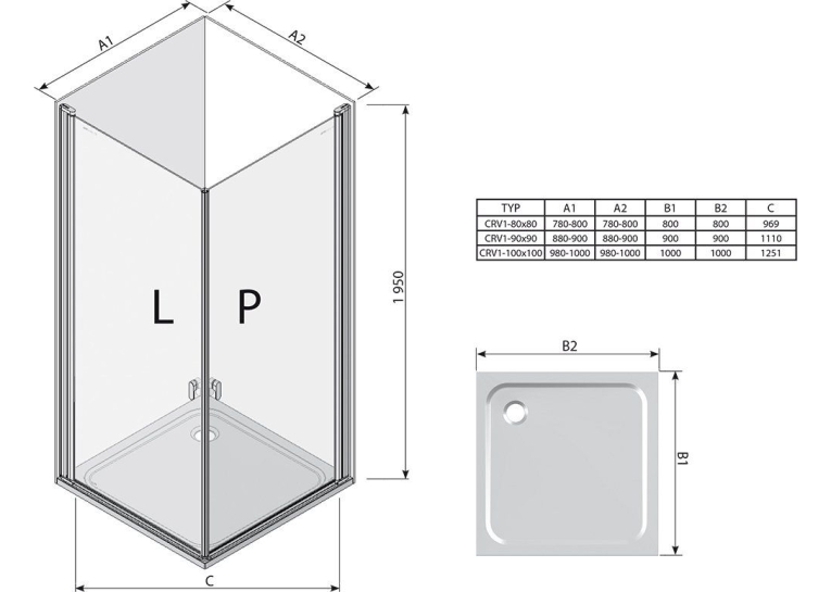 Душова штора Ravak CHROME CRV 1 - 100 Transparent, полірований алюміній, безпечне скло, 1QVA0C01Z1