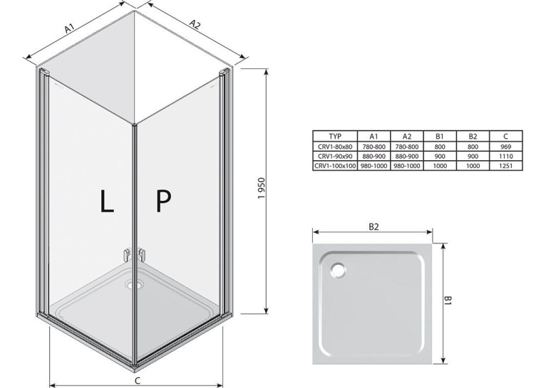 Душова штора Ravak CHROME CRV 1 - 90 Transparent, полірований алюміній, безпечне скло, 1QV70C01