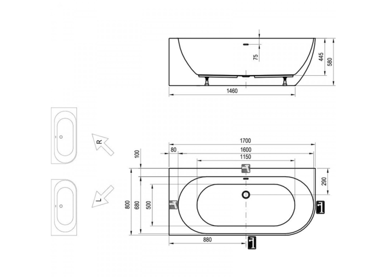 Ванна акриловая Ravak Freedom Corner L 170x80 см отдельностоящая (хром) XC00100041