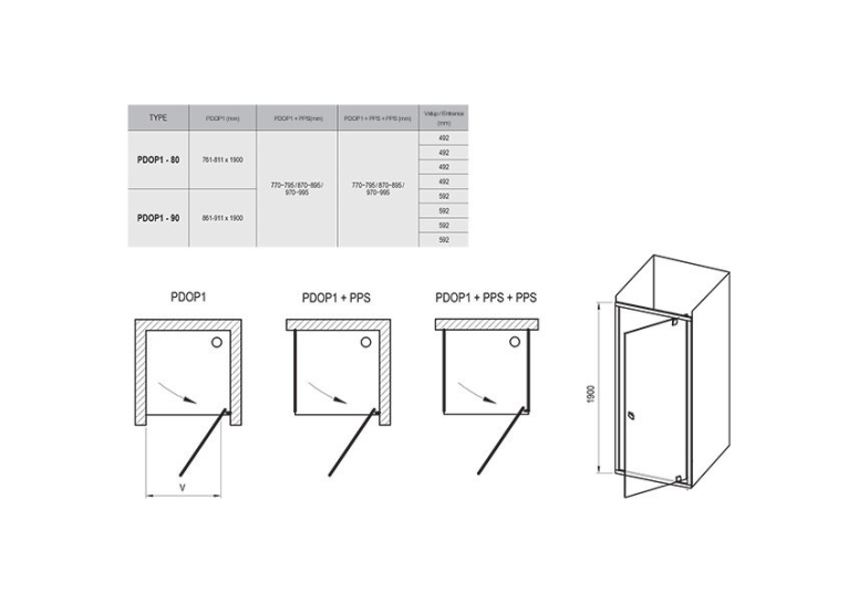 Душові двері Ravak PIVOT PDOP 1 - 90 Transparent, профіль сатин, безпечне скло, 03G70U00Z1