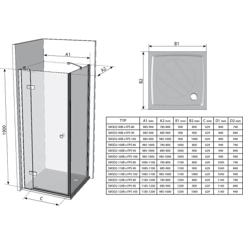 Стінка для душової кабінки Ravak SMARTLINE SMPS - 90 R Transparent, фурнітура хром, безпечне скло
