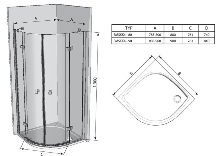 Душевая штора Ravak SMARTLINE SMSKK 4 - 90 Transparent, безопасное стекло, профиль хром, 3S277A00Y1