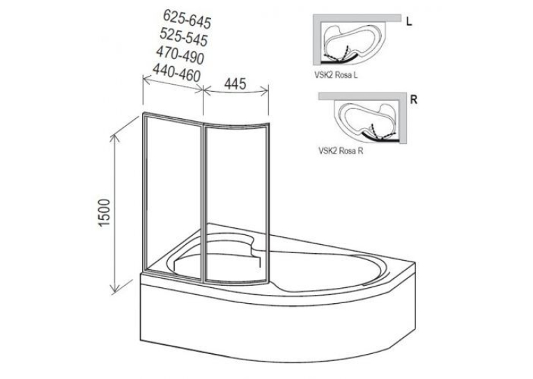 Шторка для ванни Ravak VSK2 ROSA-150 R Transparent, 76P80100Z1