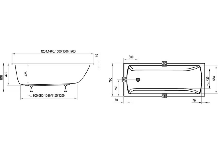Ванна акрилова прямокутна Ravak Classic II 120x70 CC11000000