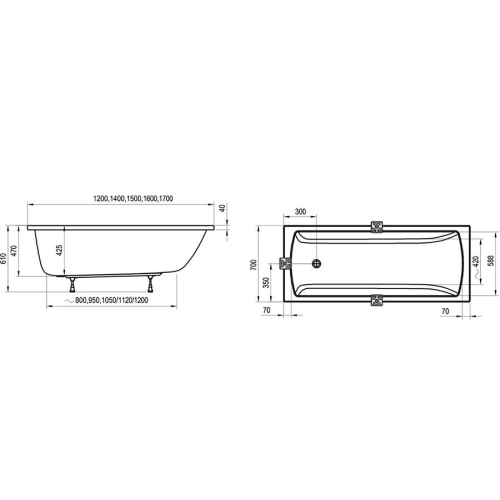 Ванна прямоугольная акриловая Ravak Classic II 140x70 CC21000000