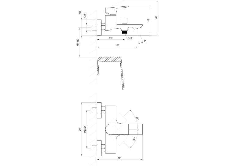  Настінний змішувач для ванни Ravak Plan графіт, X070654