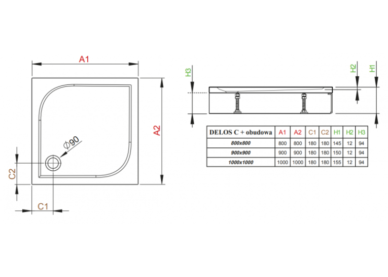 Душовий піддон RADAWAY Delos C, з панеллю, 90x90, 4C99170-03