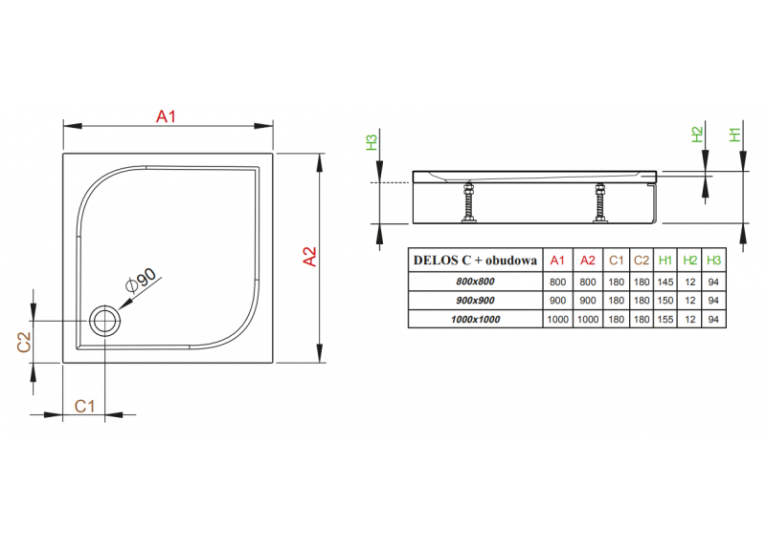 Душовий піддон RADAWAY Delos C, з панеллю, 90x90, 4C99170-03