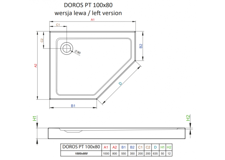 Душовий піддон RADAWAY Doros PT E 100x80 правий, SDRPT1080-01R