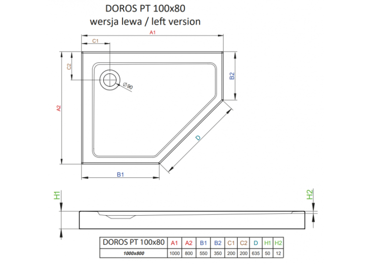 Душовий піддон RADAWAY Doros PT E 100x80 правий, SDRPT1080-01R