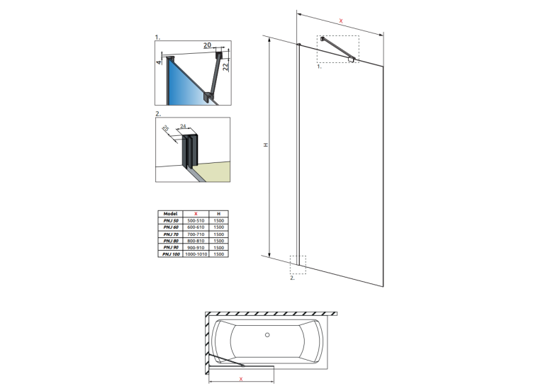 Шторка для ванни RADAWAY Idea Black PNJ Frame 50, 10001050-54-56