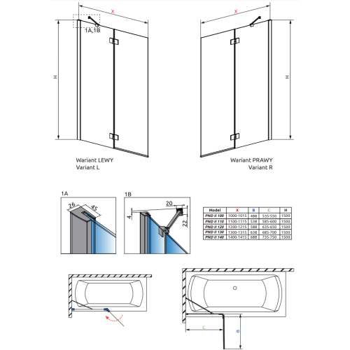 Шторка для ванны RADAWAY Essenza New PND II 100 left, 10002100-01-01L