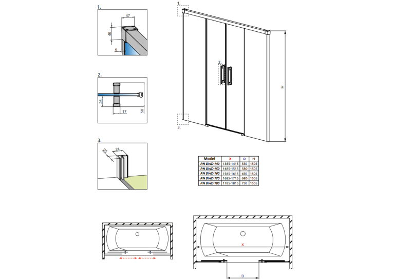 Шторка для ванни RADAWAY Idea PN DWD 140, 10004140-01-01