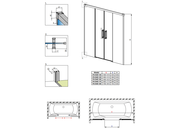 Шторка для ванны RADAWAY Idea PN DWD 140,  10004140-01-01