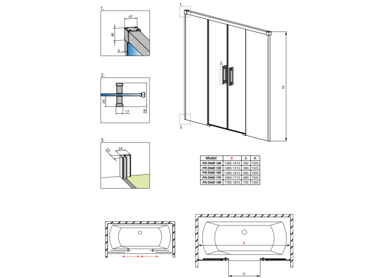 Шторка для ванни RADAWAY Idea Black PN DWD 140, 10004140-54-01