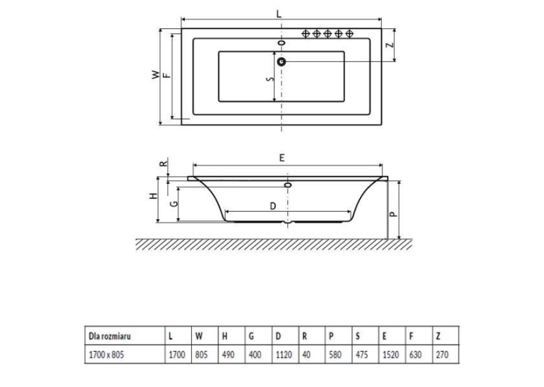 Ванна акриловая RADAWAY ARIDEA Lux 170x80 (WA1-25-170x080U) + ножки (NWE-68) + сифон R135L