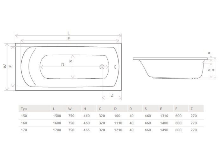 Ванна акриловая RADAWAY KEA 150х75 (WA1-04-150x075US) + ножки (NWA-62) + сифон R135L
