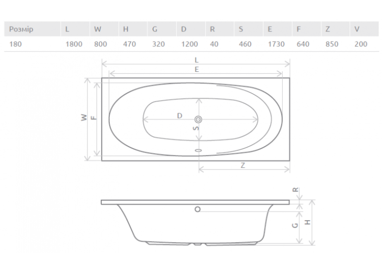 Ванна акриловая RADAWAY DIA 180х80 (WA1-05-180x080US) + ножки (NWE-68) + сифон R135L
