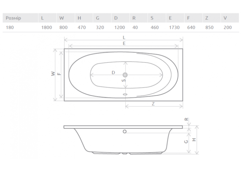 Ванна акрилова RADAWAY DIA 180х80 (WA1-05-180x080US) + ніжки (NWE-68) + сифон R135L